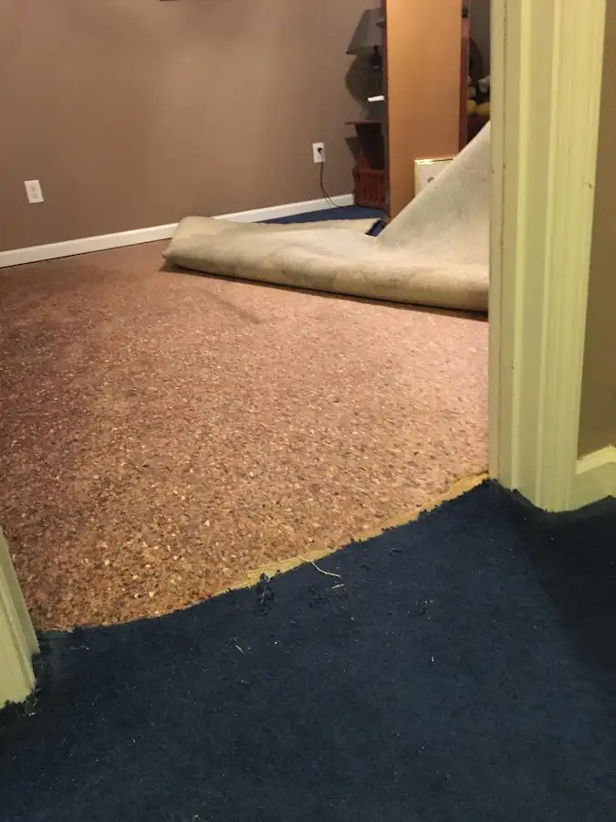 Carpet pad removal revealing water damage during Water Mitigation Services in Wahoo